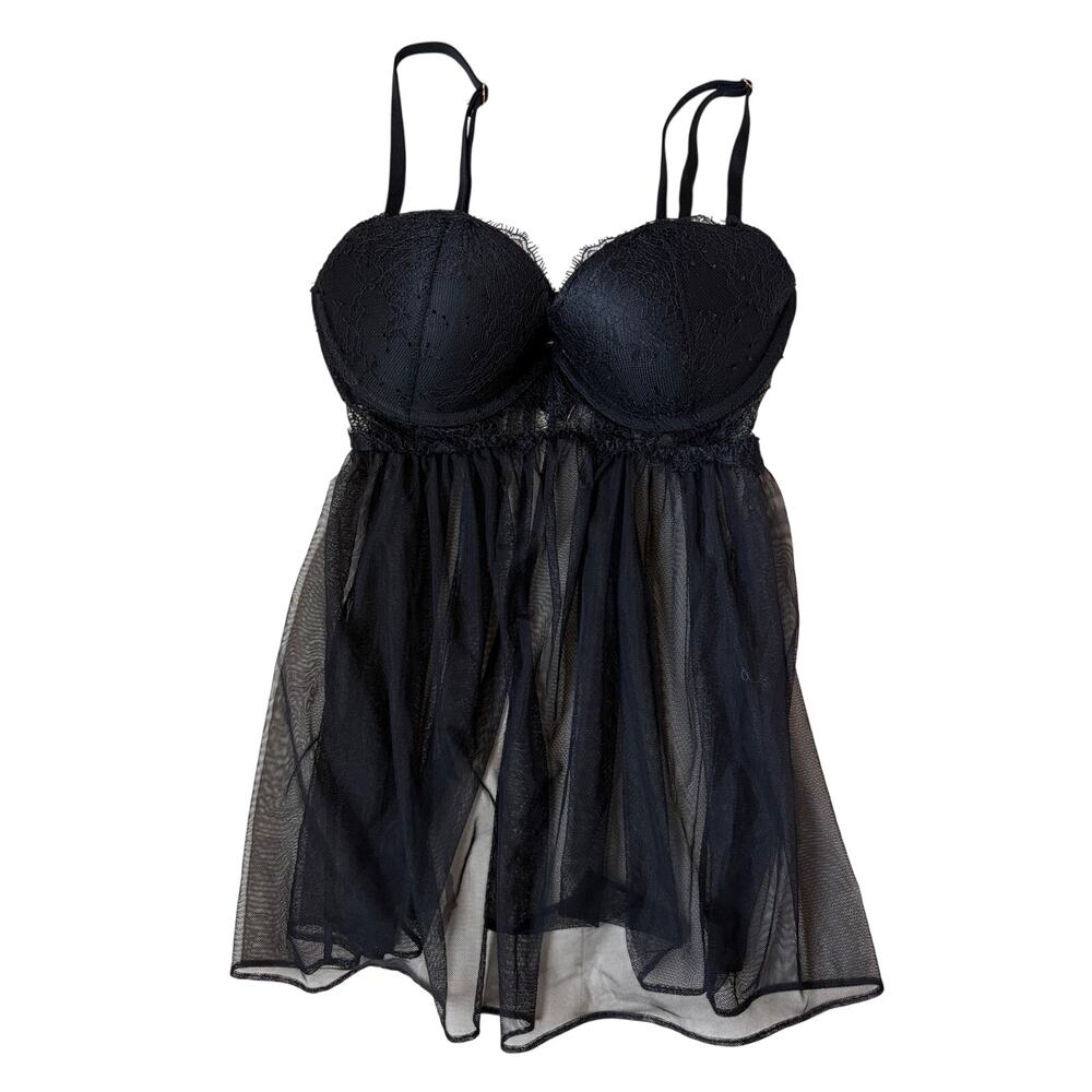 Victoria's Secret Mesh & Lace Babydoll Lingerie Cami Top (Black) - 32D